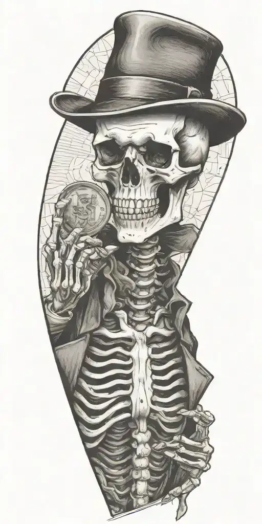 skeleton wearing a fedora and vest flipping a coin.  tattoo design idea