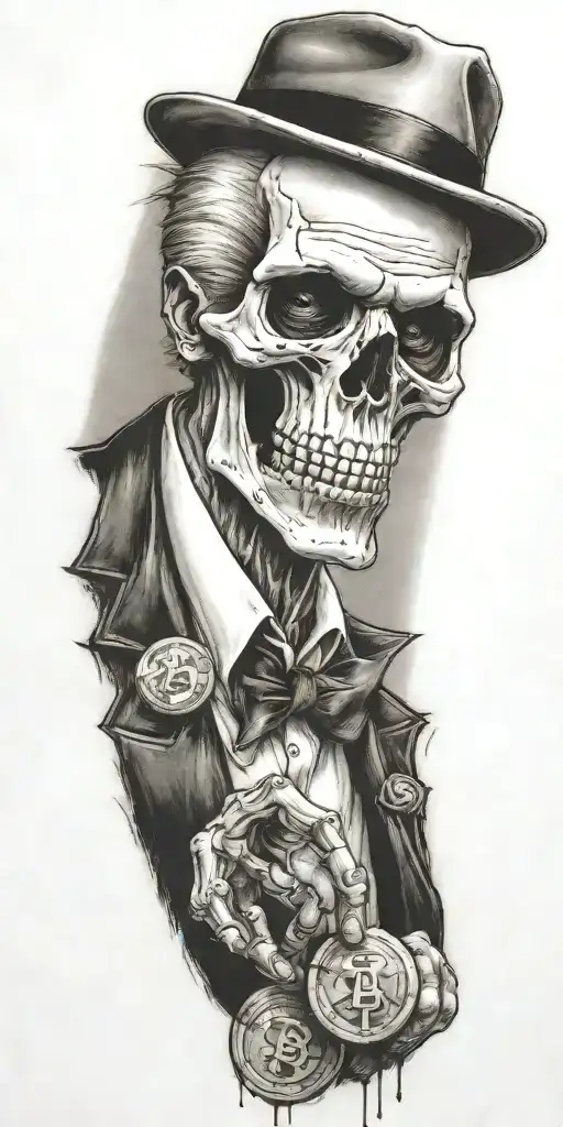 mobster skelton flipping  coin tattoo design idea