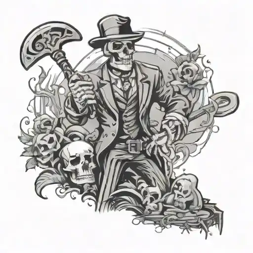 A mobster skeleton holding a shovel in a graveyard setting, representing the cycle of life and death tattoo design idea
