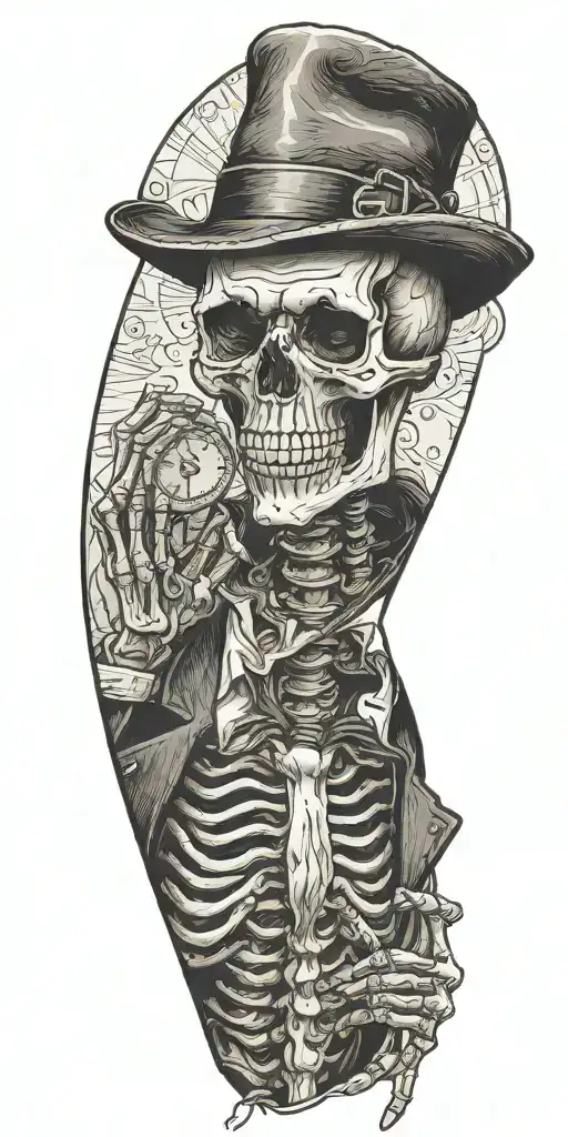 skeleton wearing a fedora and vest flipping a coin.  tattoo design idea