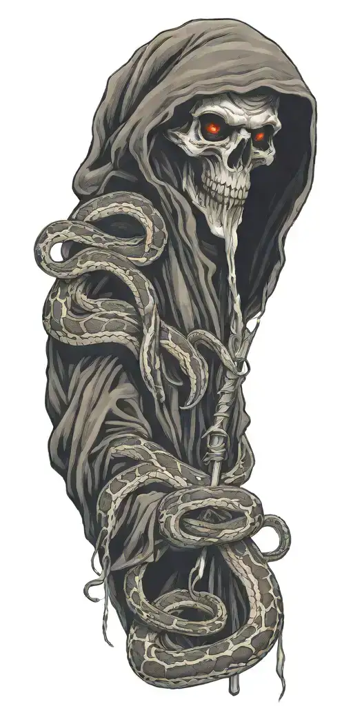 snakes crawling and grim reaper holding tattoo design idea