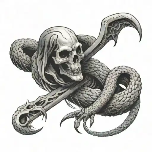 Create a black-grey tattoo of a snake coiled around a grim reaper's scythe tattoo design idea