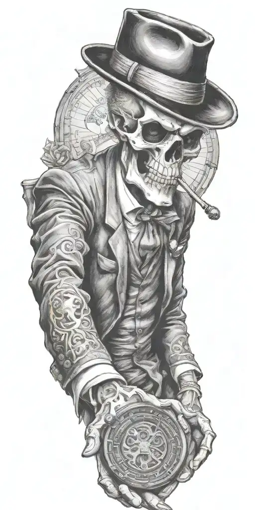 mobster skelton holding coin tattoo design idea