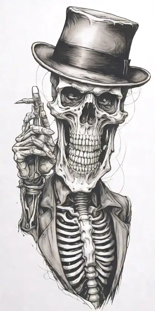 skeleton wearing a fedora and vest flipping a coin.  tattoo design idea