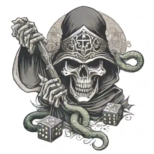 A grim reaper holding a dice with snake patterns, surrounded by mobster silhouettes tattoo design idea
