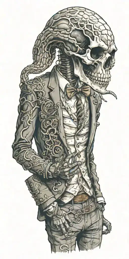 Skelton wearing a fadora and suit throwing a coin. with a snake wrapped around its neck  tattoo design idea