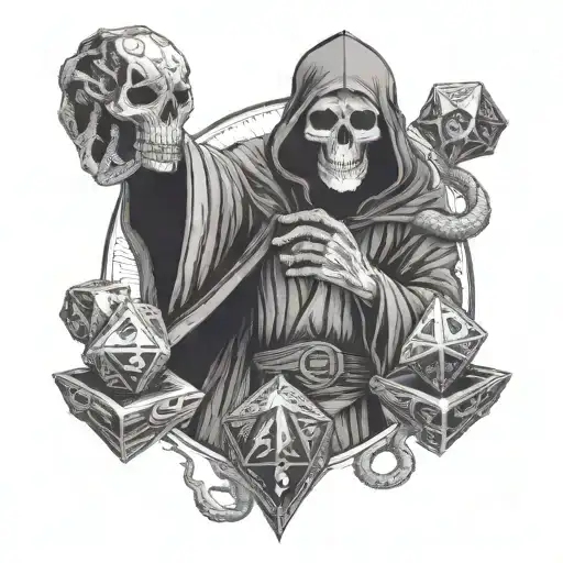 A grim reaper holding a dice with snake patterns, surrounded by mobster silhouettes tattoo design idea