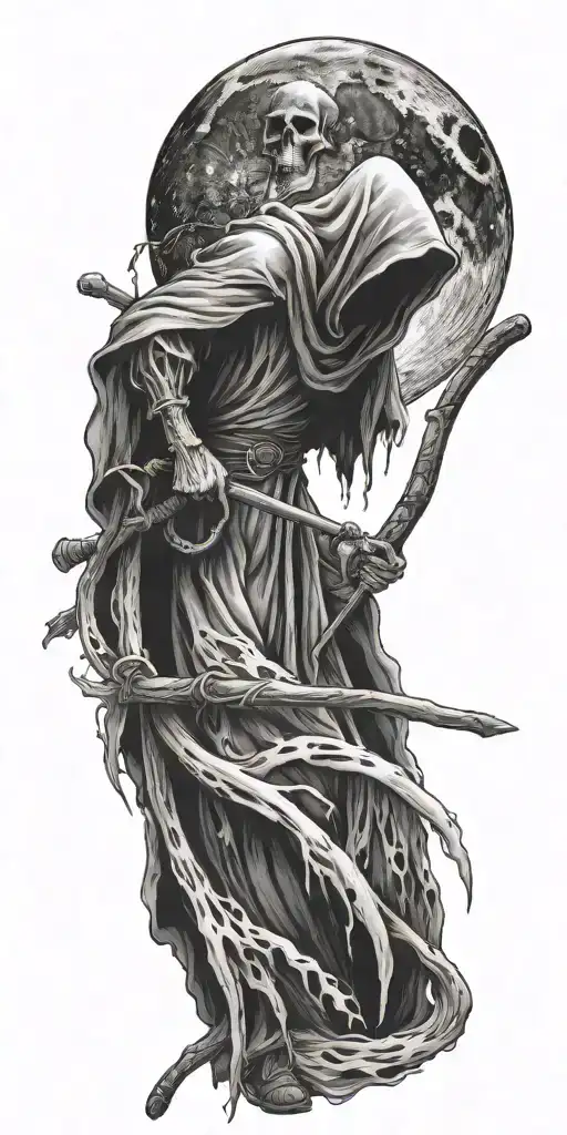 grim reaper holding a scythe with moon  tattoo design idea