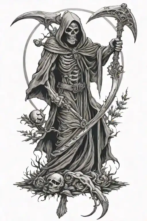 grim reaper with scythe and moon tattoo design idea