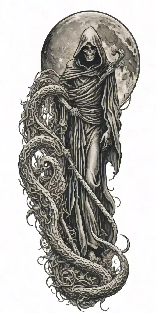  grim reaper with scythe and moon and snake at feet  tattoo design idea