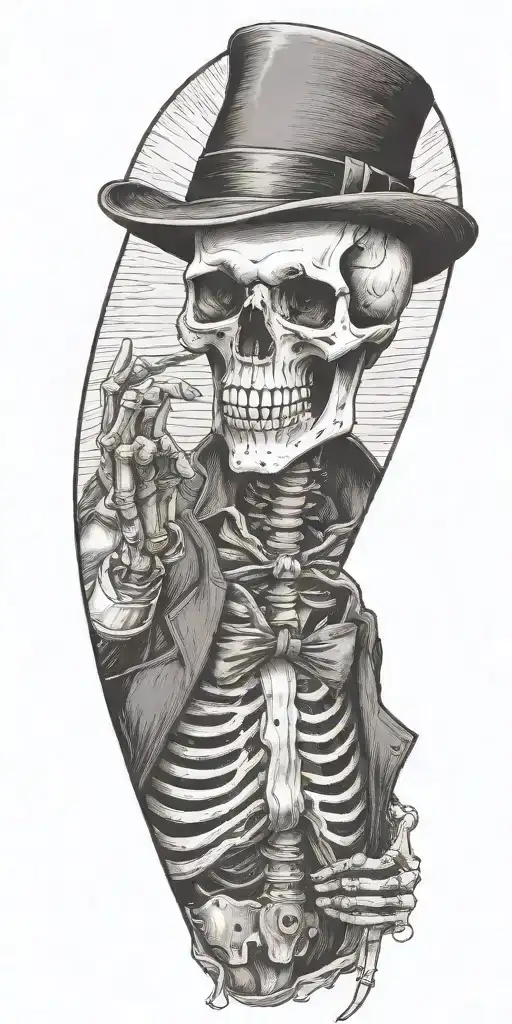 skeleton wearing a fedora and vest flipping a coin.  tattoo design idea