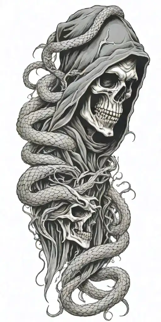 scary grim reaper and snakes coming tattoo design idea