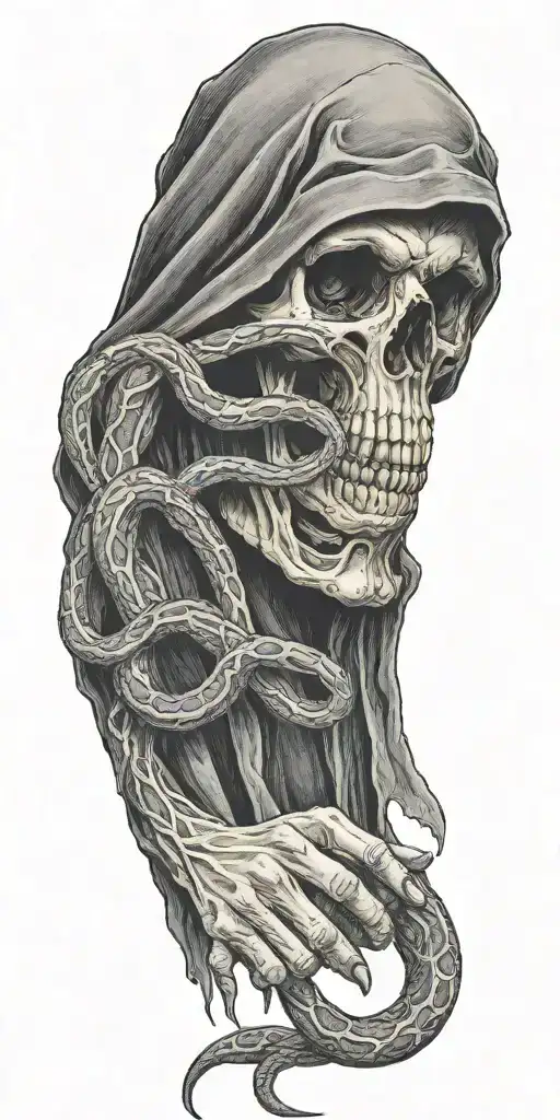  grim reaper and snakes in hand reaching tattoo design idea
