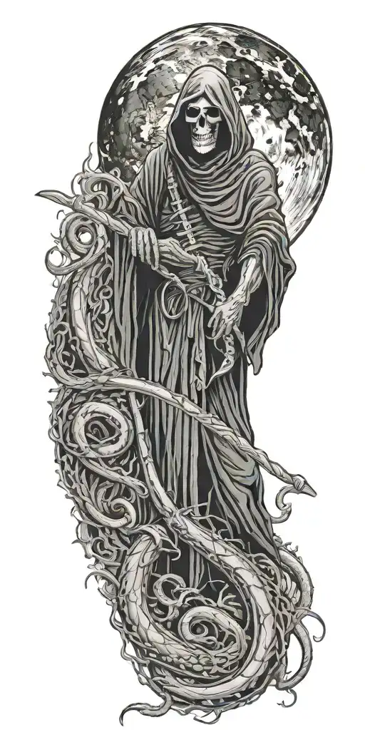  grim reaper with scythe and snakes and moon tattoo design idea