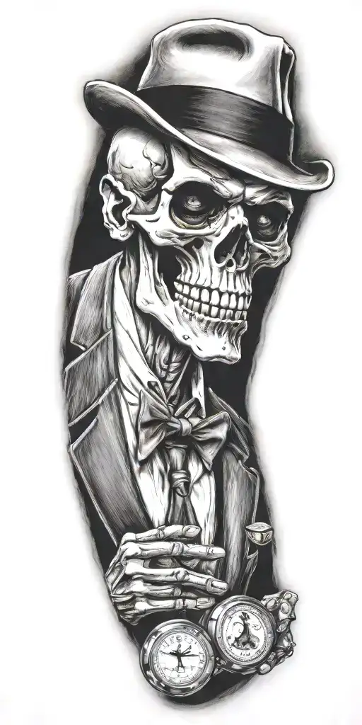 mobster skelton flipping  coin tattoo design idea