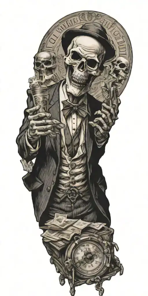 mobster skelton flipping  coin tattoo design idea