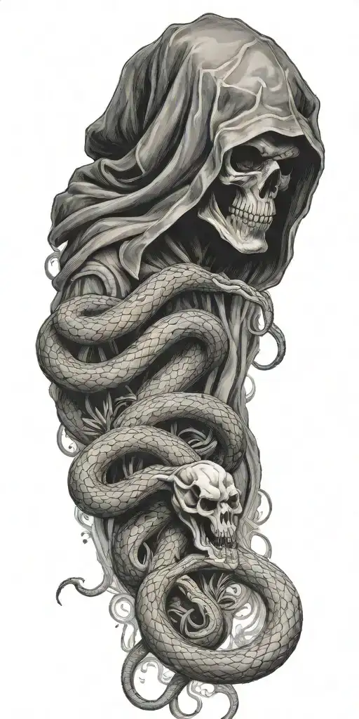 snake crawling full body and grim reaper   tattoo design idea