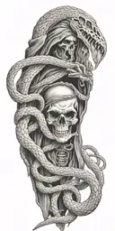 scary grim reaper and snakes in hand reaching tattoo design idea
