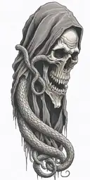scary grim reaper and snakes in hand holding tattoo design idea