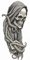 scary grim reaper and snakes in hand holding tattoo design idea