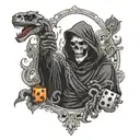 A grim reaper holding a dice with snake patterns, surrounded by mobster silhouettes tattoo design idea
