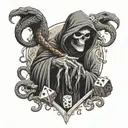 A grim reaper holding a dice with snake patterns, surrounded by mobster silhouettes tattoo design idea