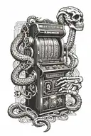 A vintage slot machine with snake symbols and a skeleton hand pulling the lever tattoo design idea