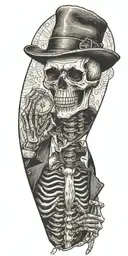 skeleton wearing a fedora and vest flipping a coin.  tattoo design idea