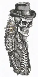 skeleton wearing a fedora and vest flipping a coin.  tattoo design idea