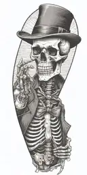 skeleton wearing a fedora and vest flipping a coin.  tattoo design idea