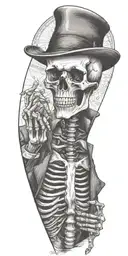 skeleton wearing a fedora and vest flipping a coin.  tattoo design idea