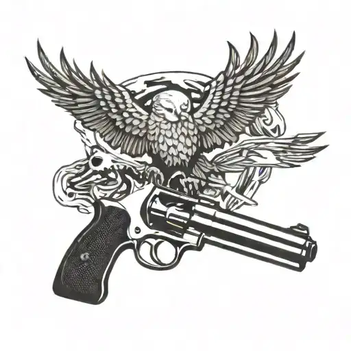 skull, gun, eagle flying tattoo design idea