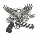 skull, gun, eagle flying tattoo design idea