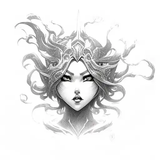 Kai'sa daughter of the void, full body, battle pose tattoo design idea