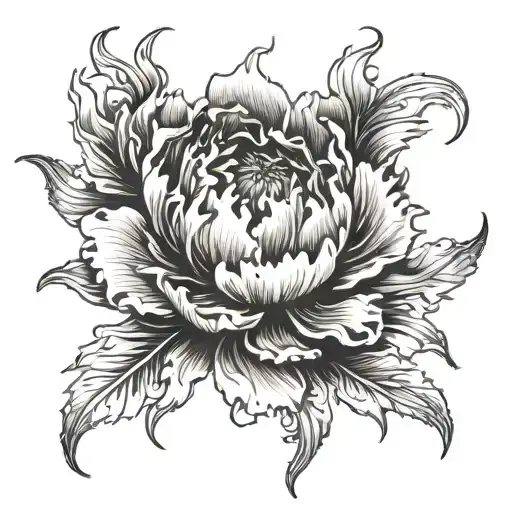 Melting peony, black work, HR Giger style illustration tattoo design idea