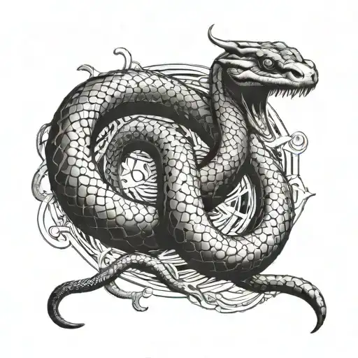 Two headed snake, line shading, ouroboros, style Gustav Doré meets HR Giger tattoo design idea