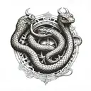 Two headed snake, line shading, ouroboros, style Gustav Doré meets HR Giger tattoo design idea