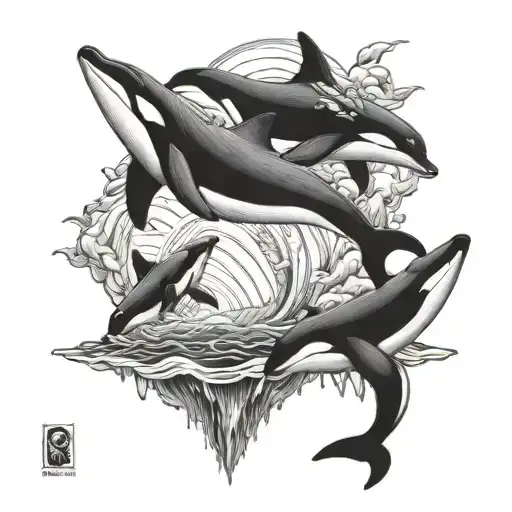 pod of orcas hunting with one jumping out of water and an Antarctic background with icebergs  tattoo design idea