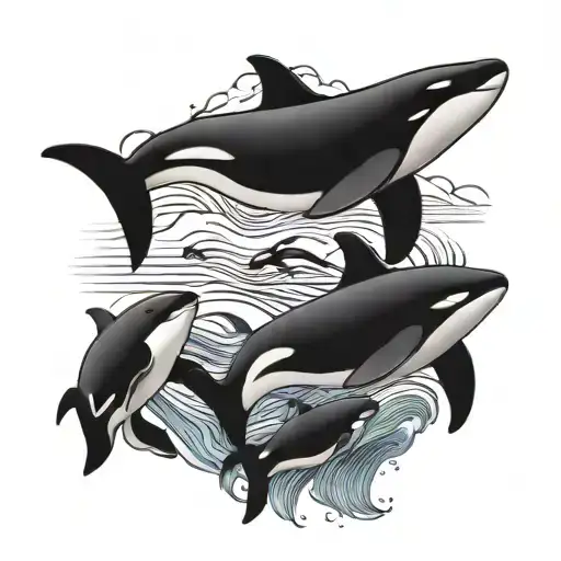 pod of killer whales hunting with one jumping out of water and an Antarctic background with icebergs  tattoo design idea