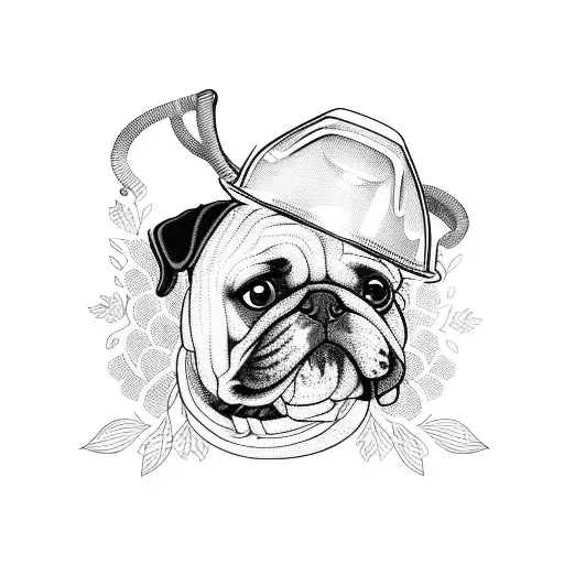 A blackwork tattoo of a dog wearing a construction hat surrounded by flowers tattoo design idea