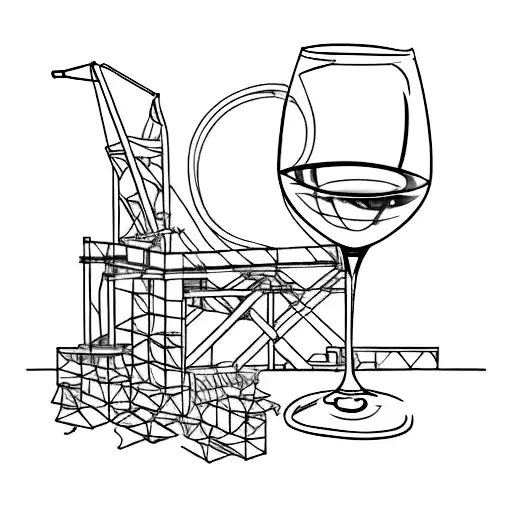A glass of wine with a construction crane reflected in it tattoo design idea