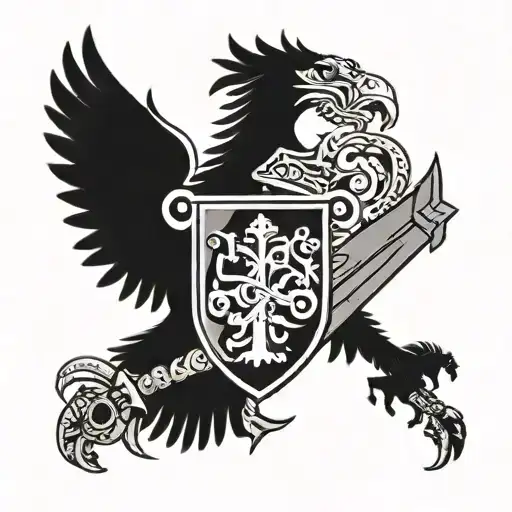 A blackwork tattoo of a family crest featuring symbols representing working out, woodworking, and the army tattoo design idea