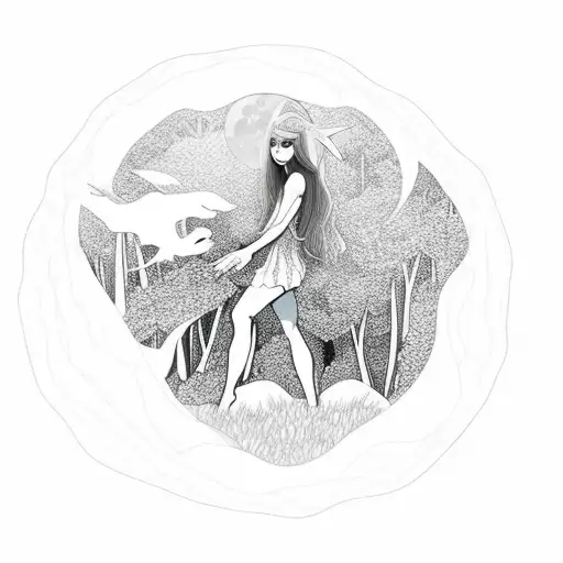 A mystical forest nymph gracefully walking on a moonlit hiking trail tattoo design idea