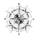 A detailed blackwork tattoo of a compass with a world map in the background, representing the client's love for travel and exploration. tattoo design idea