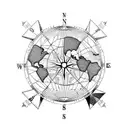 A detailed blackwork tattoo of a compass with a world map in the background, representing the client's love for travel and exploration. tattoo design idea