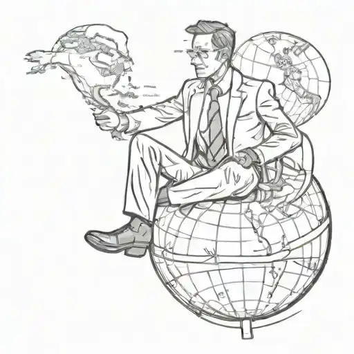 A sketch of a businessman sitting on a globe, representing his passion for travelling and business tattoo design idea