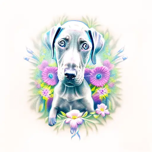 perro weimaraner con flores tattoo design idea