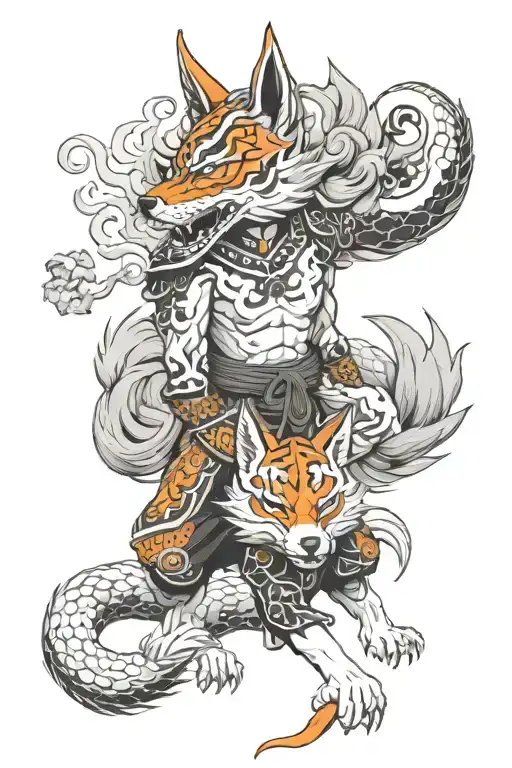 full body 9-tailed fox (kitsune), and oni mask of a demon, feel free to add the elements and background tattoo design idea