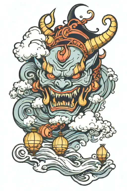 oni mask of a demon, background of billowing clouds and waves and small floating lanterns in the back tattoo design idea