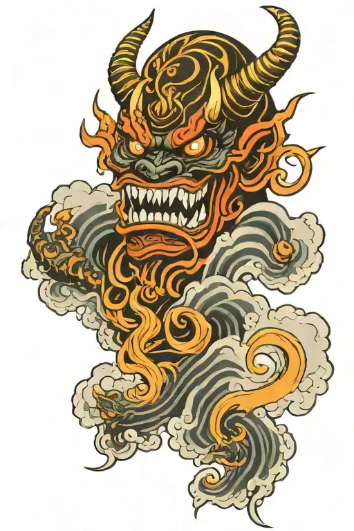oni mask of a black and red demon, background of billowing clouds and waves and small floating lanterns in the back tattoo design idea